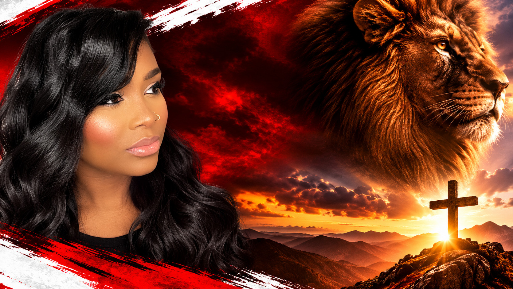 Banner: portrait beside a lion and a cross on a mountain at sunrise